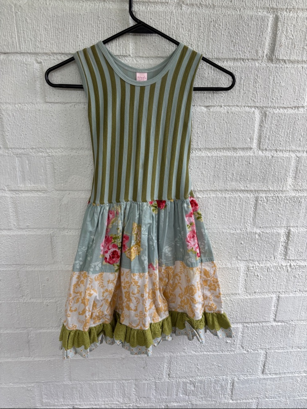 Giggle Moon Cotton Striped Floral Crochet Dress sz 7
